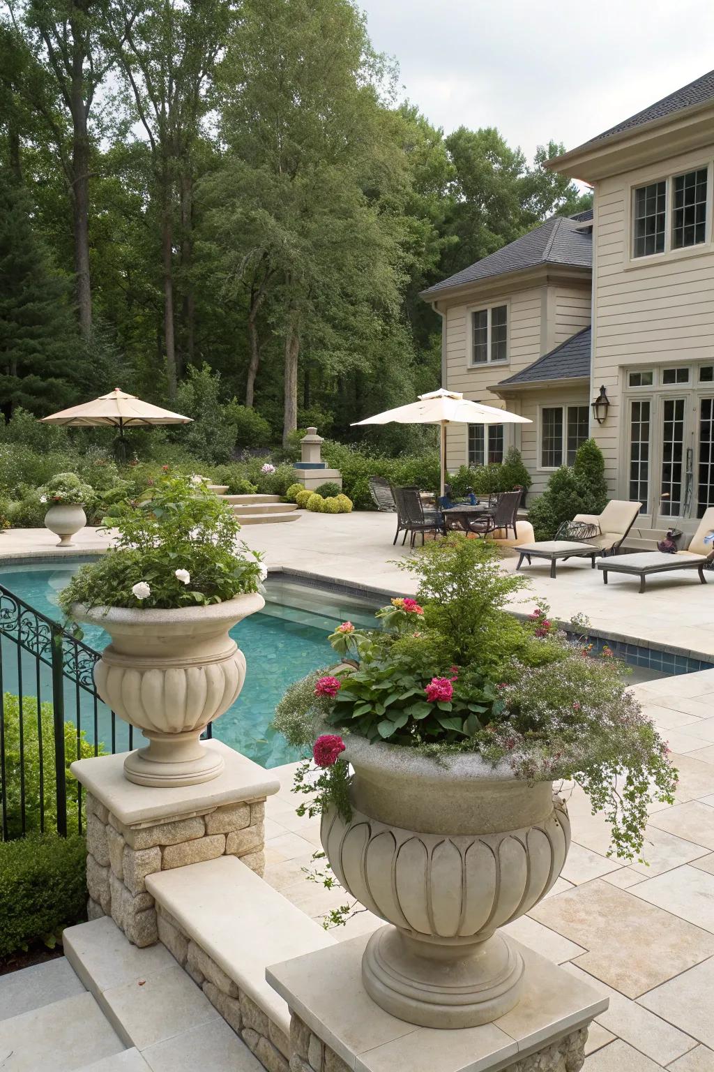 Resort-like glamour with poolside planters.