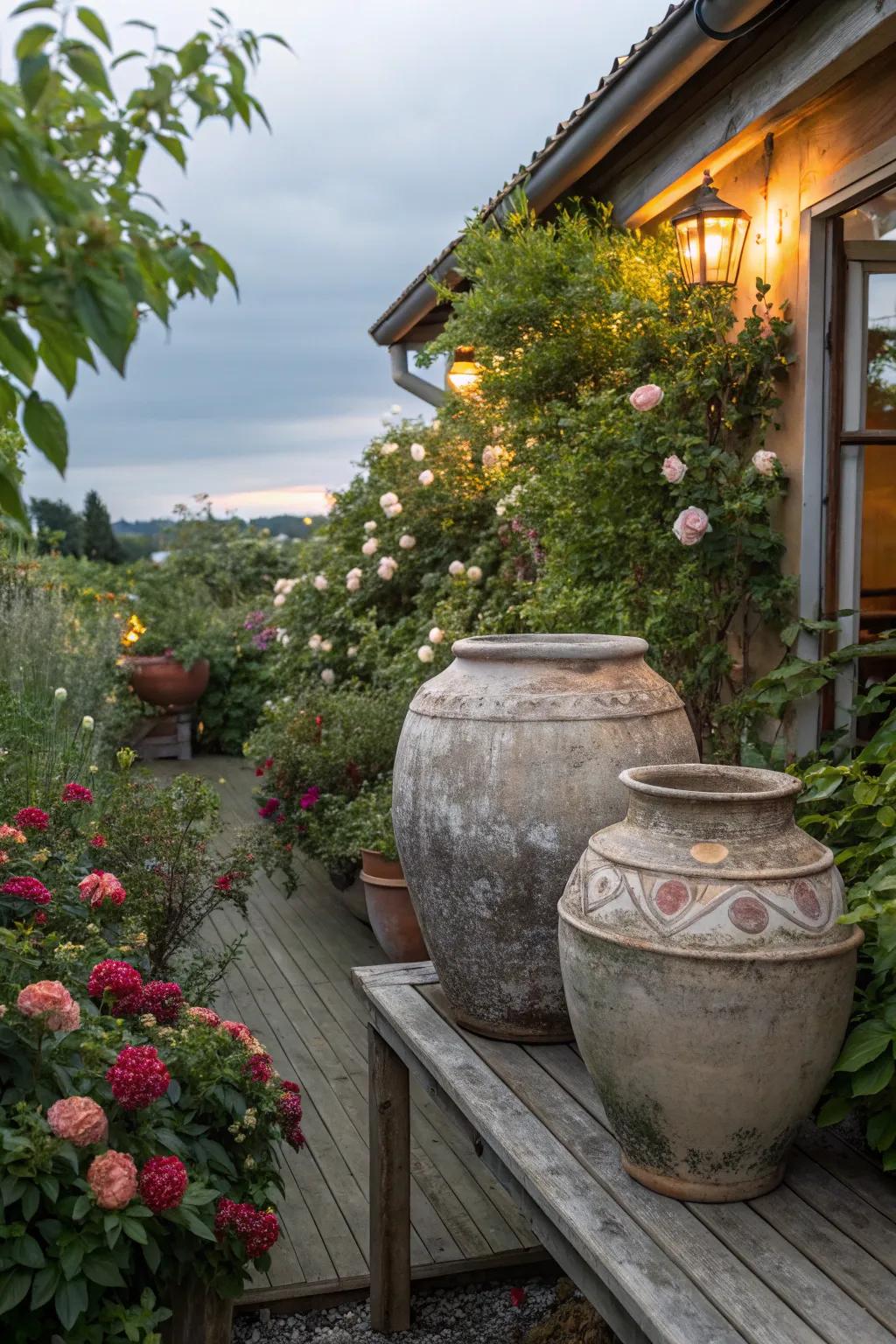 Timeless charm with rustic vintage pots.