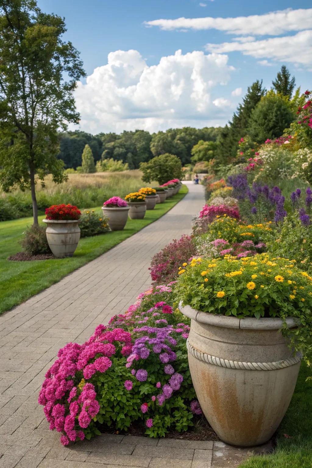A scenic path lined with beautiful planters.