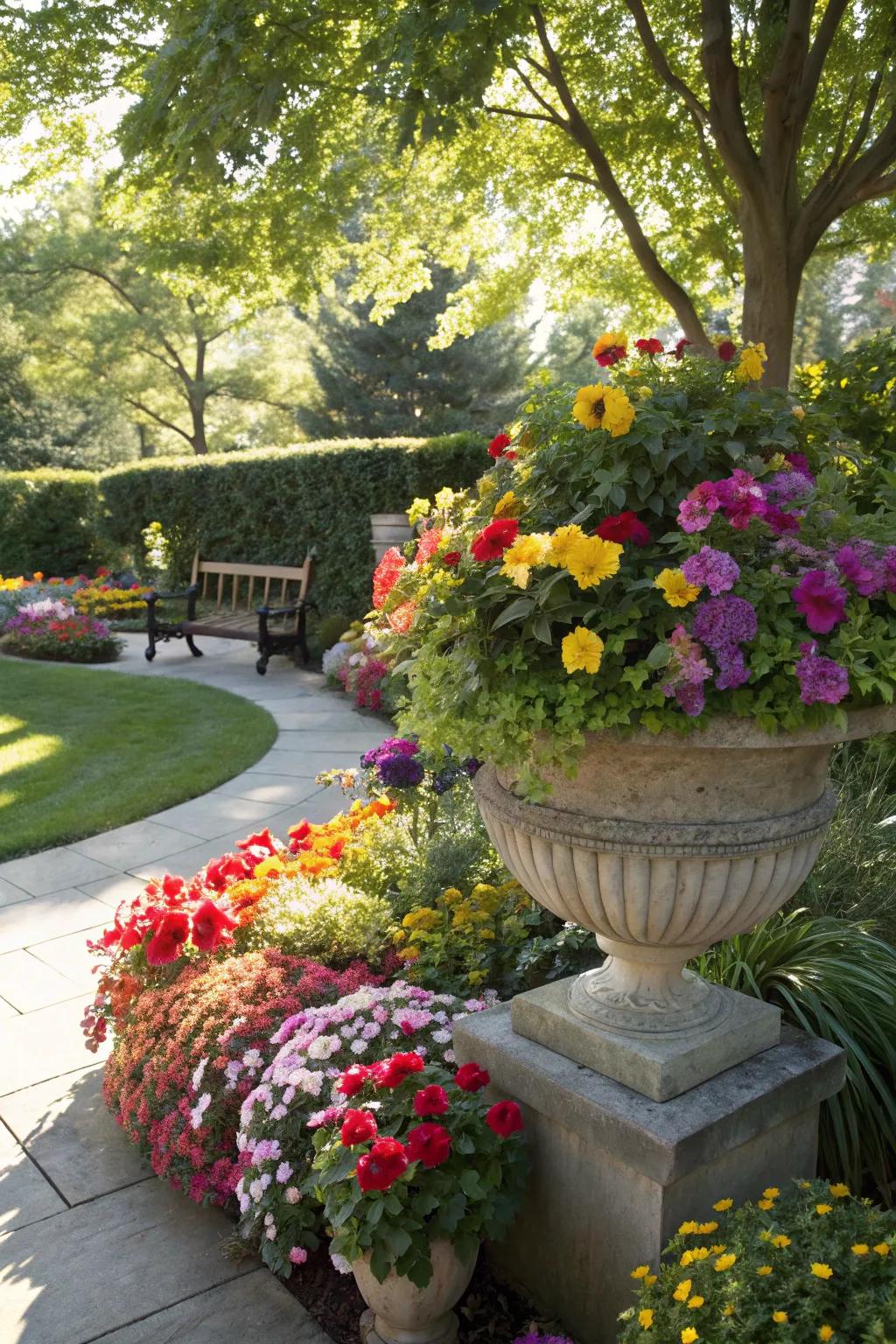 A vibrant mix of flowers creates a stunning display.