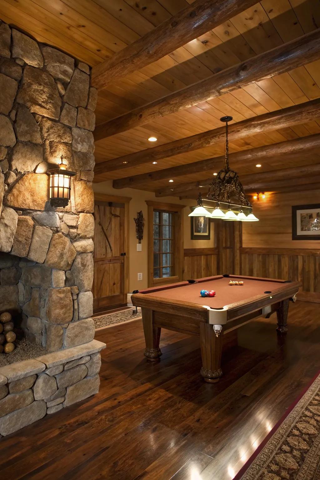 Rustic themed pool table space with warm wood textures.