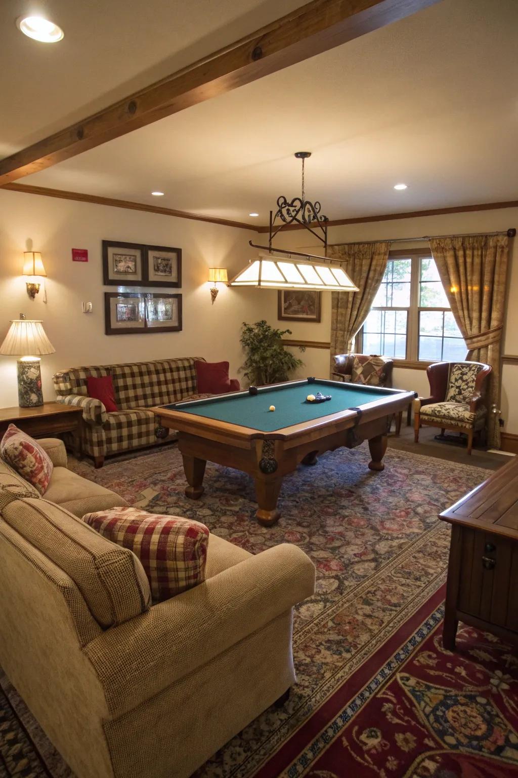 Living space featuring a stylish pool table as a social centerpiece.