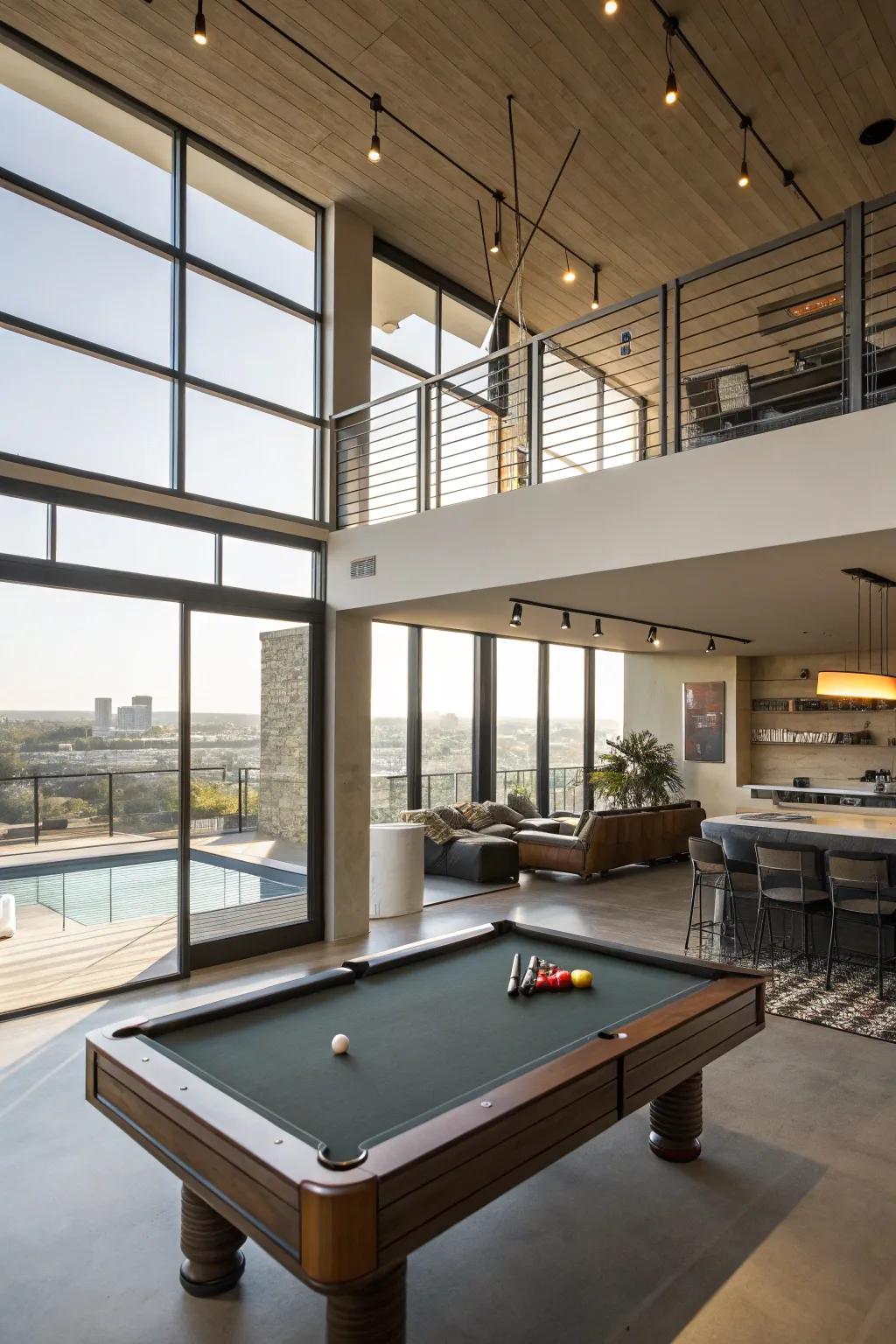 Pool table placed in a loft for a unique playing perspective.