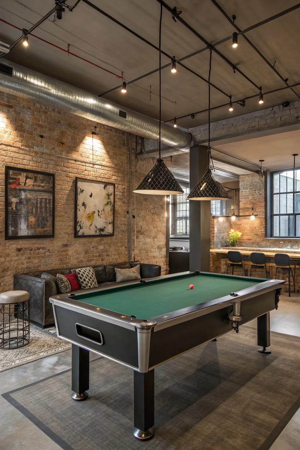 Pool table blending metal accents to achieve an industrial look.