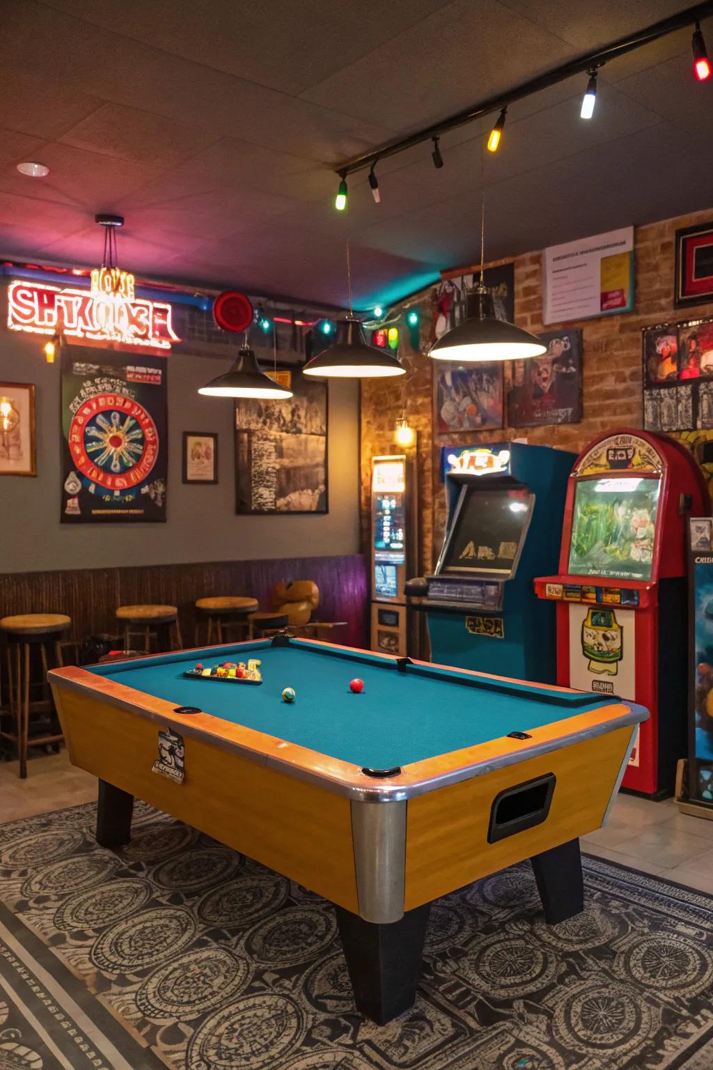 Bright pool table using colorful felt for lively decoration.