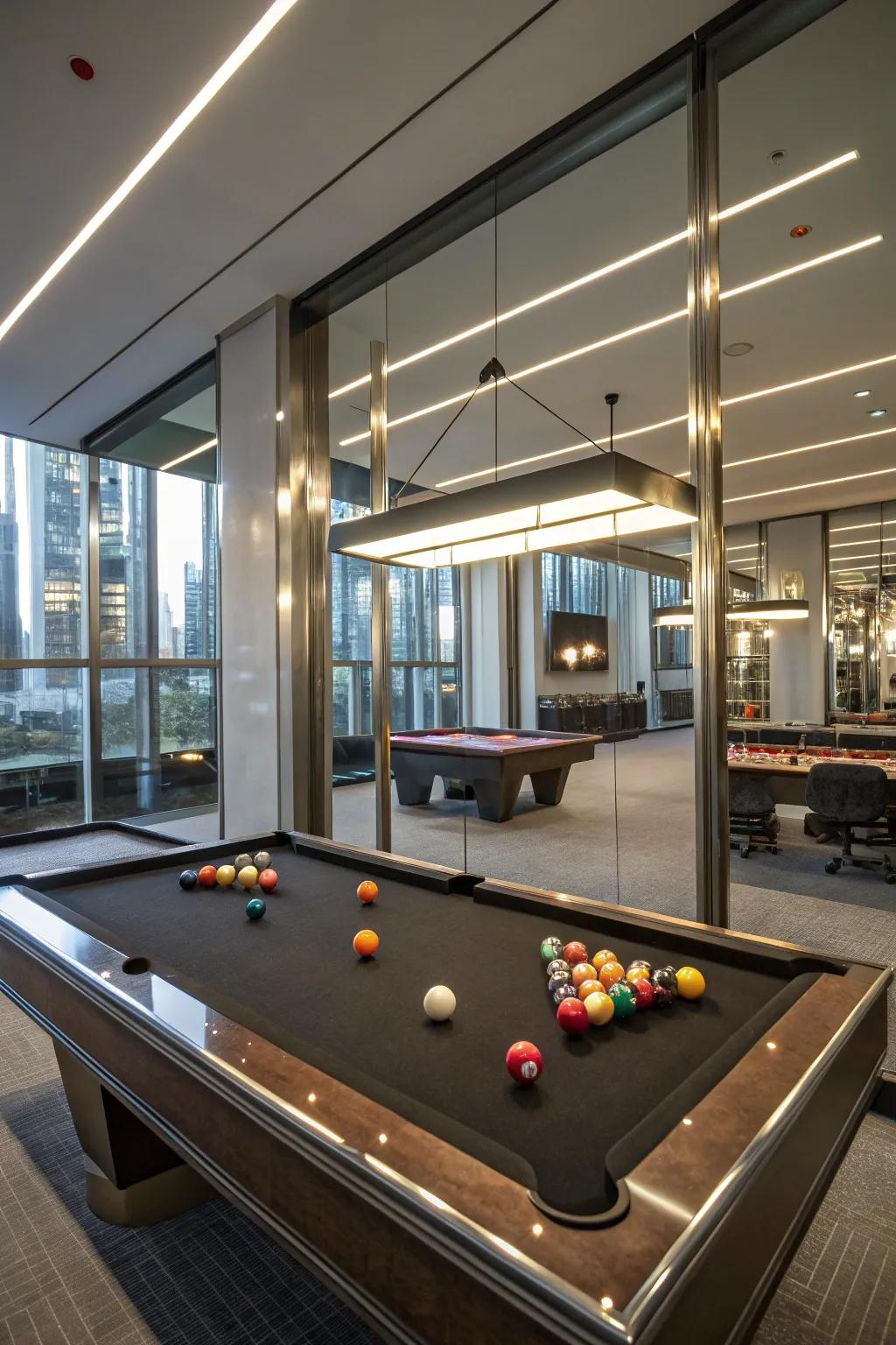 Mirrors making the game room feel expansive and open.