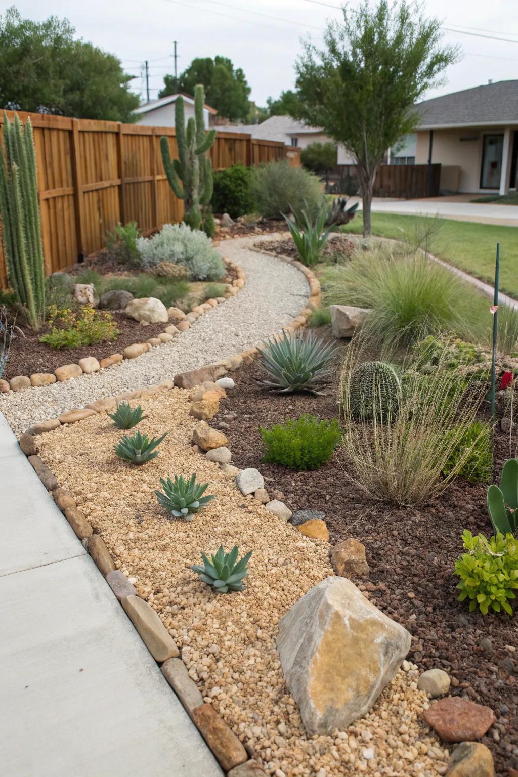 Gravel mulch effectively conserves moisture and reduces upkeep.