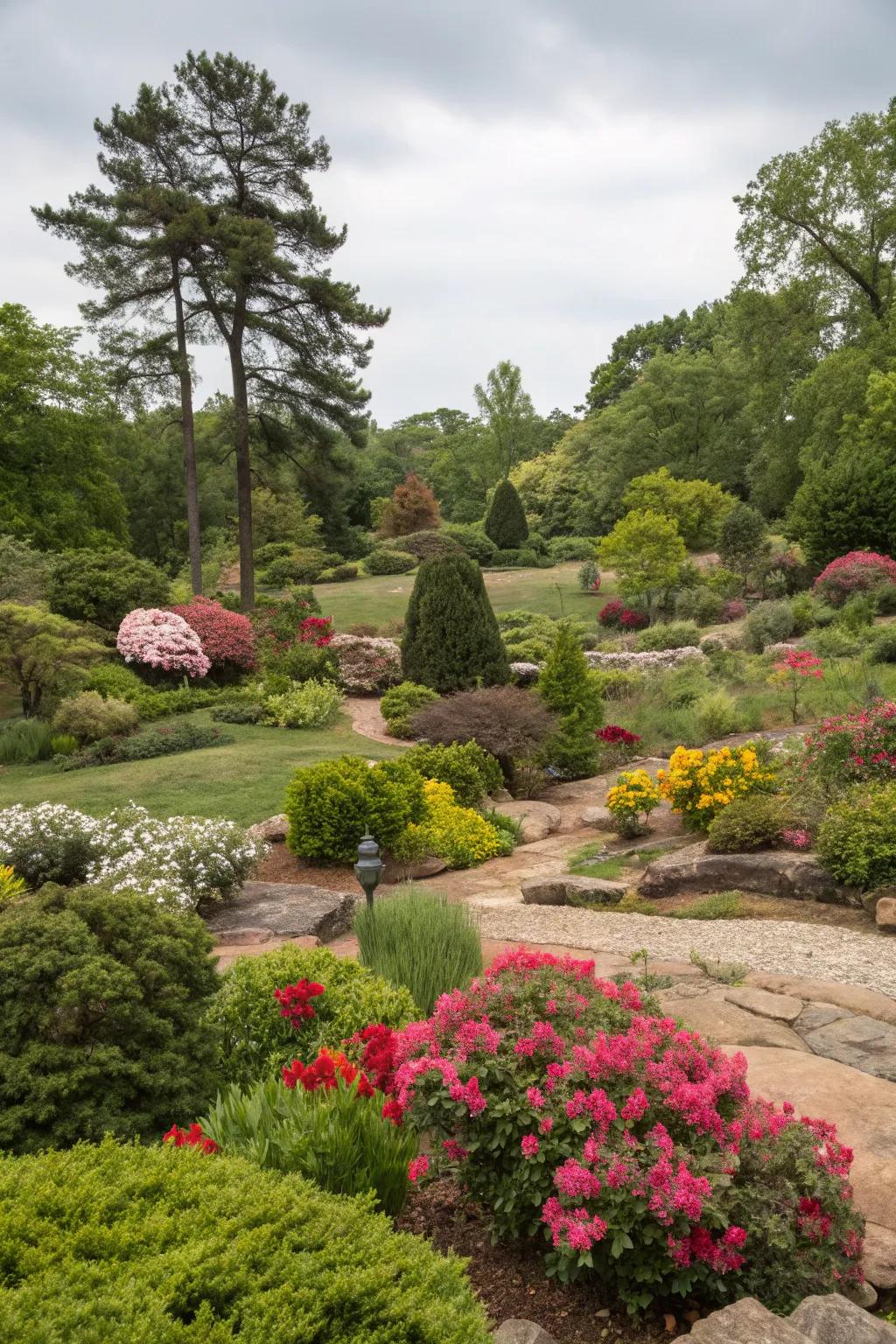 Layered greenery adds vibrant complexity to garden designs.