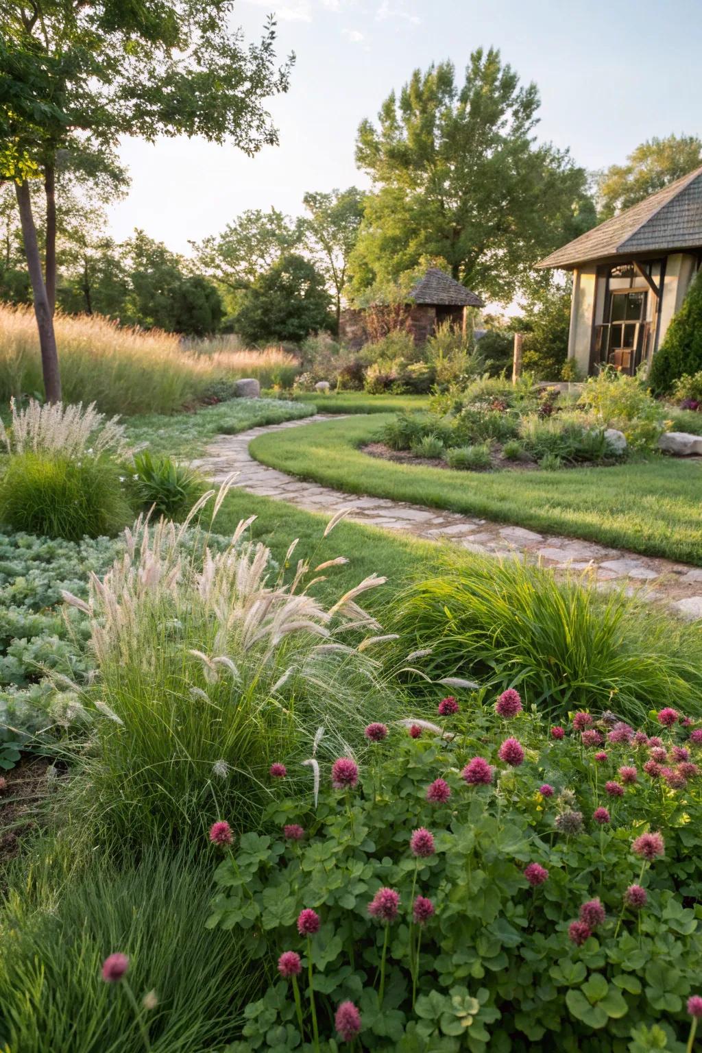 Sustainable lawn options like clover reduce maintenance and water use.