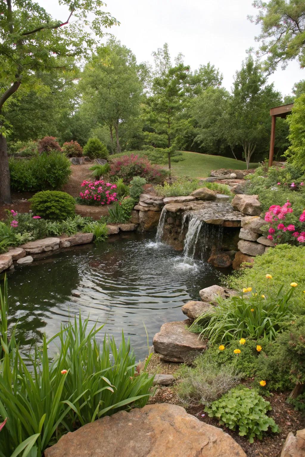 Ponds and waterfalls bring tranquility to garden spaces.