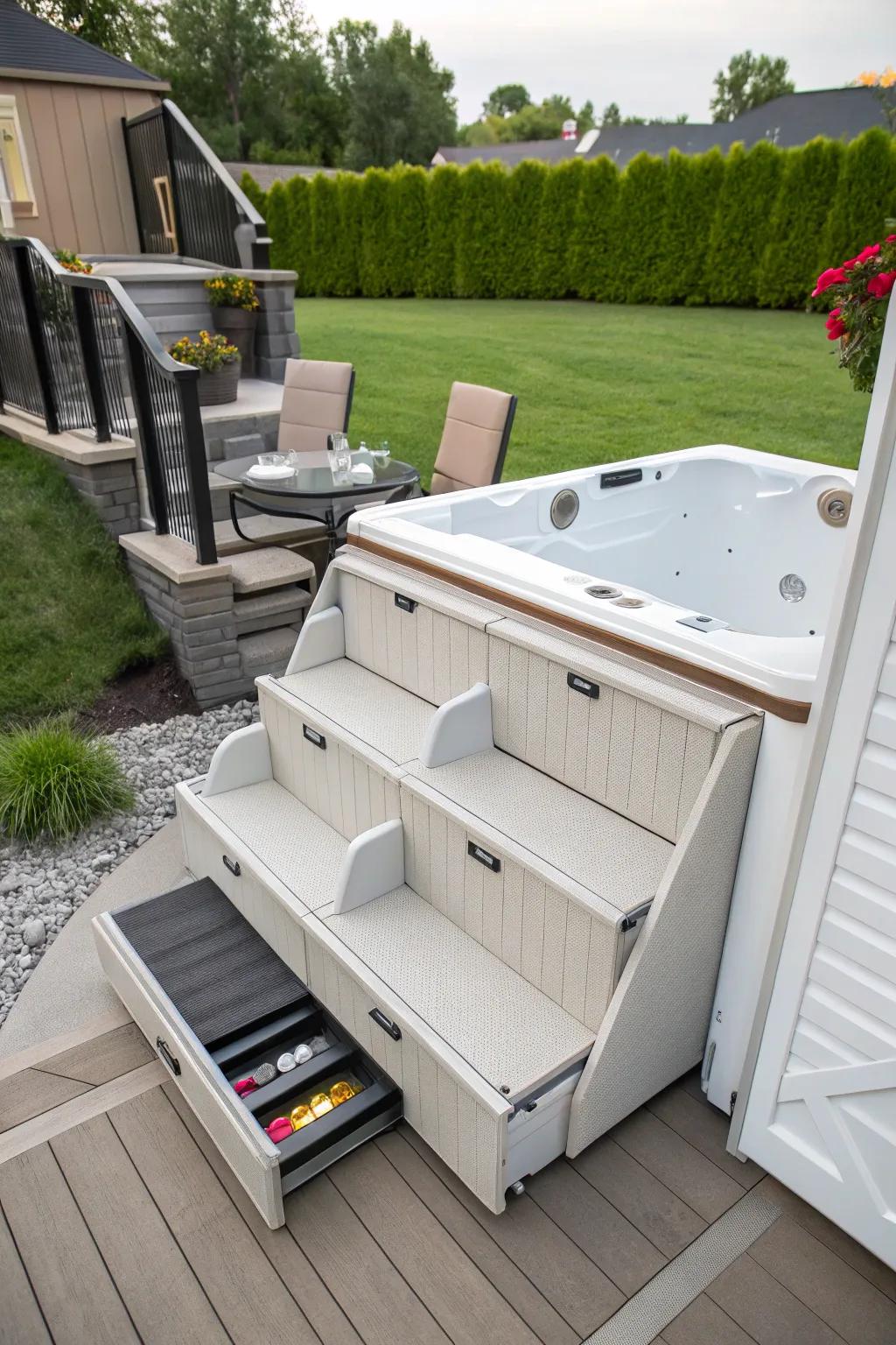 Keep essentials handy with steps featuring built-in storage.