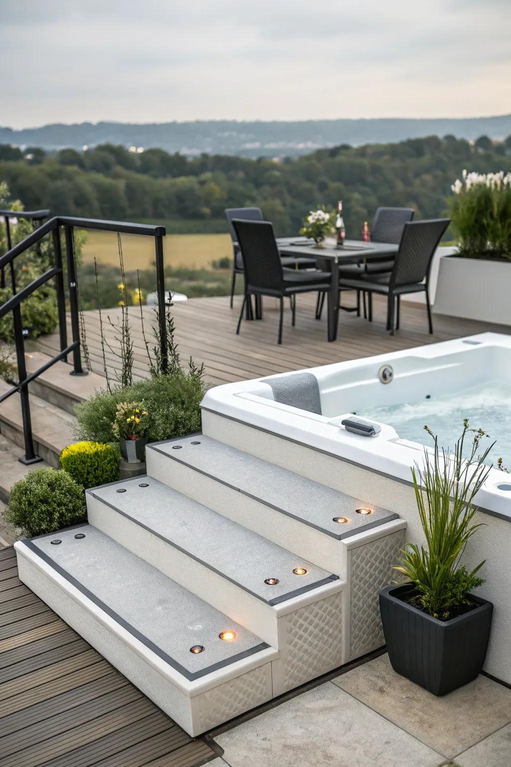 Achieve a sleek look with minimalist hot tub steps.