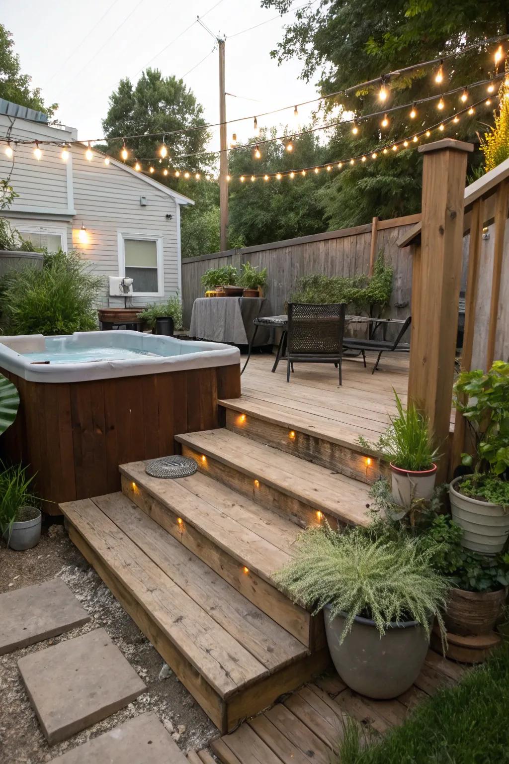 Enjoy custom designs with DIY wooden steps for your hot tub.