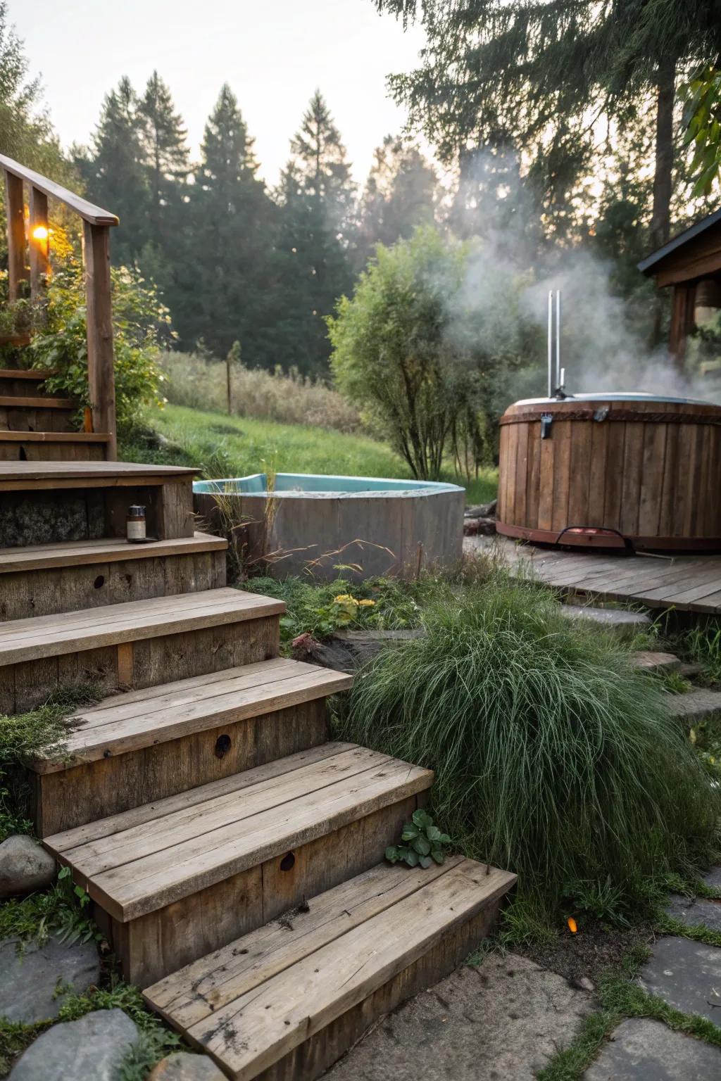 Add a touch of rustic charm with wooden hot tub steps.