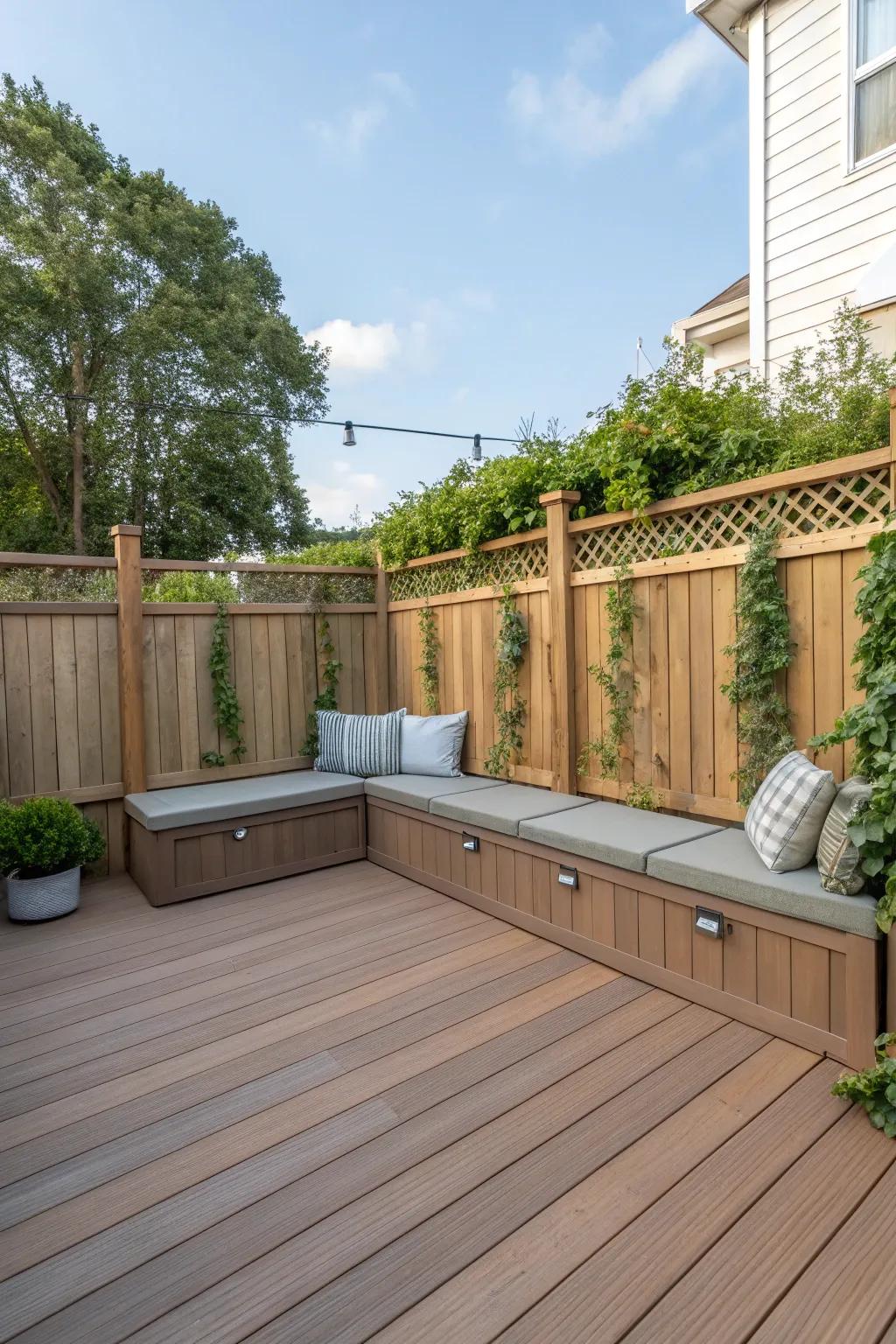 Built-in seating with privacy fencing maximizes space and comfort.