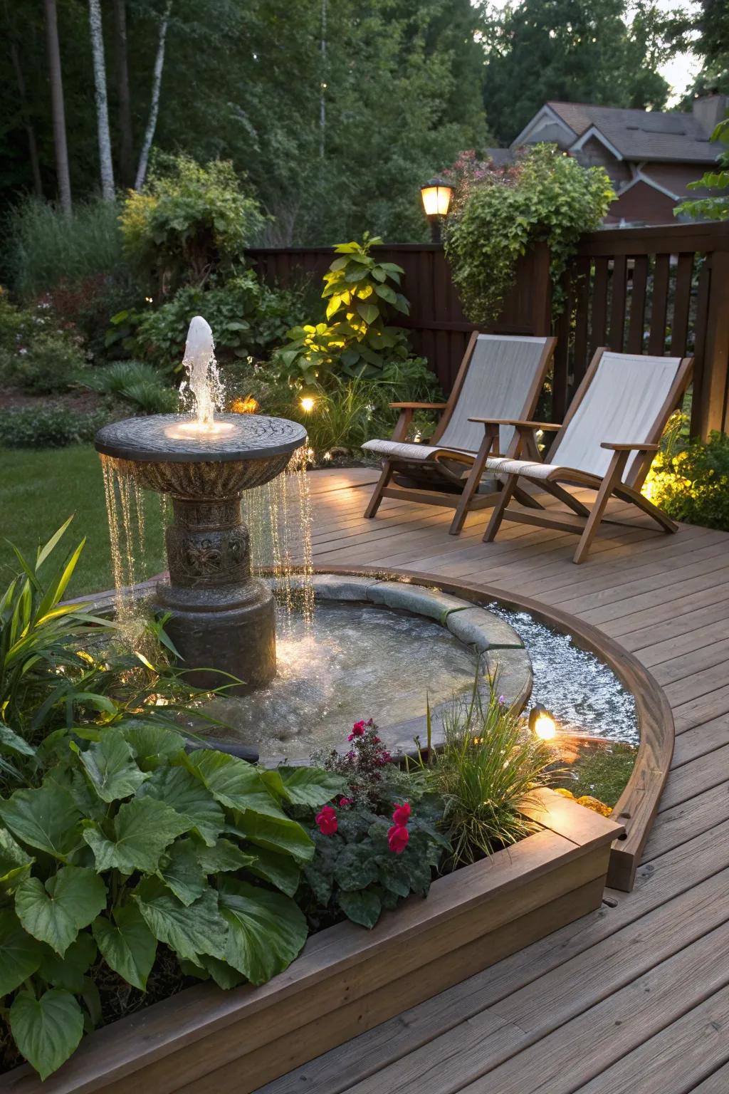 Water features enhance privacy with soothing sounds.