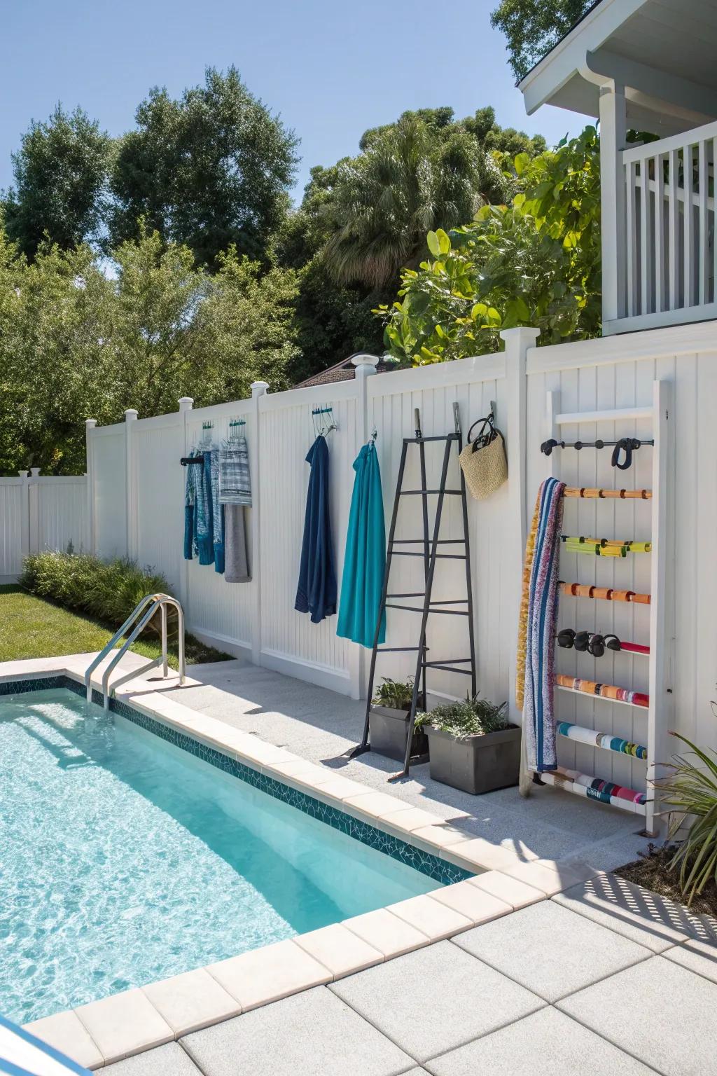Maximized vertical storage for a clutter-free pool area.