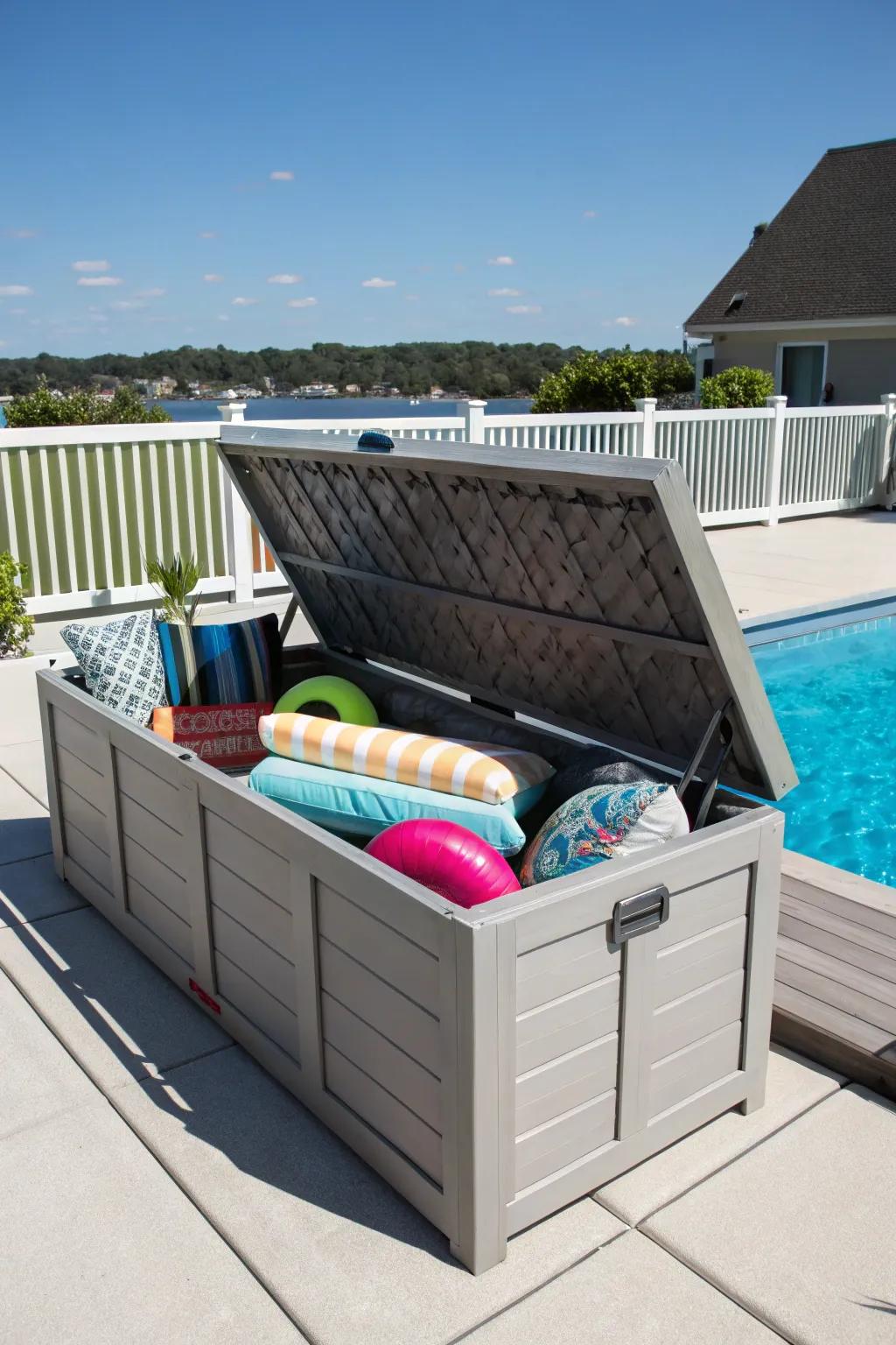 A deck box for storing bulky pool items securely.