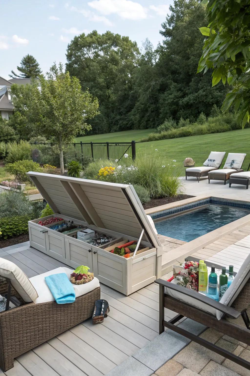 Discreet storage compartments integrated into pool seating.