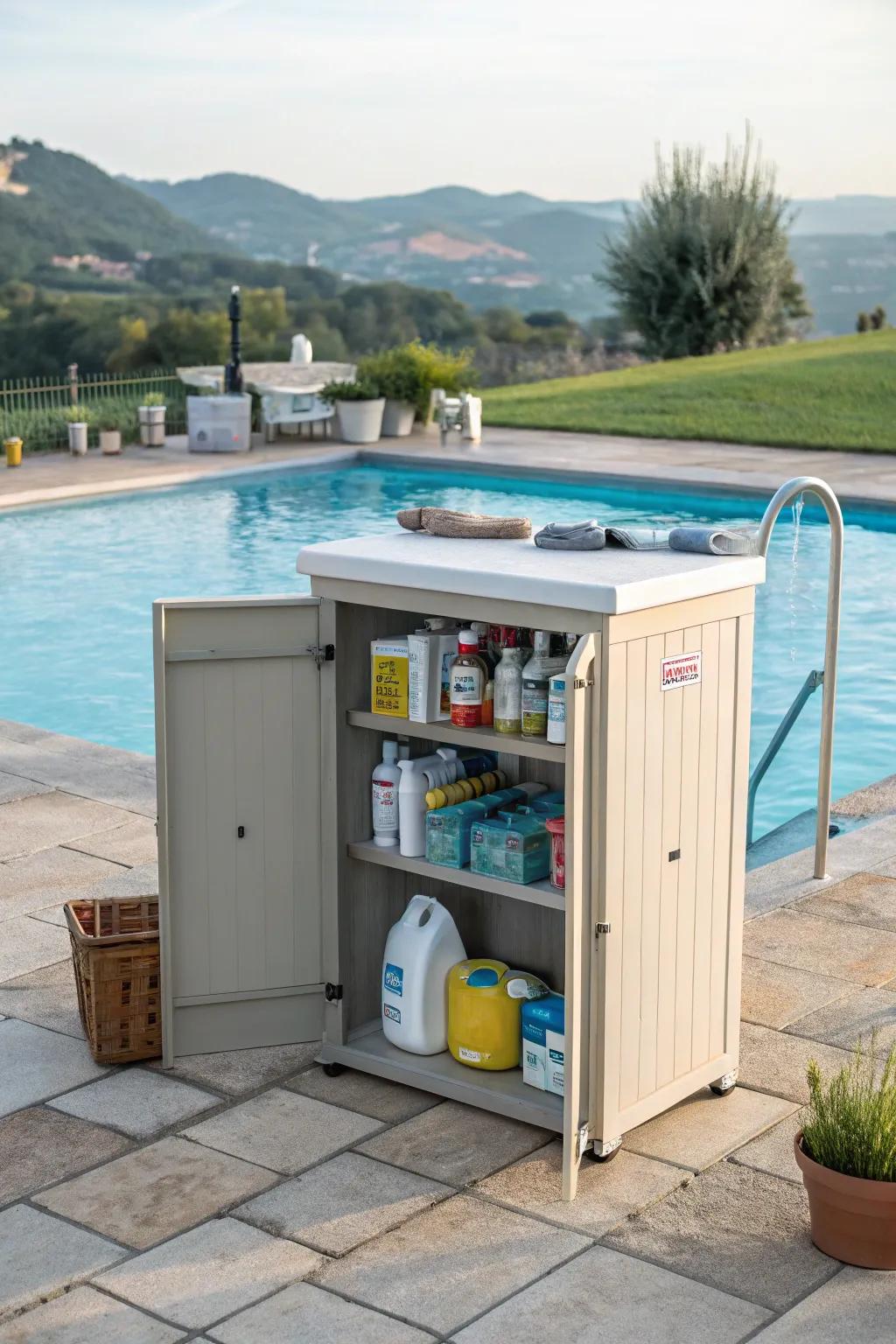 Weatherproof cabinet for secure storage of pool supplies.