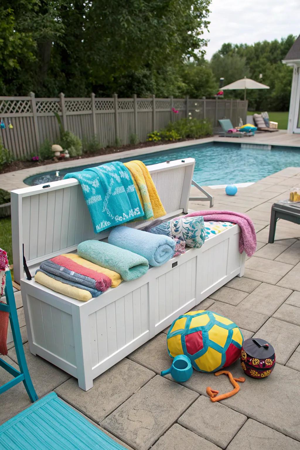 A storage bench serving double duty as seating by the pool.