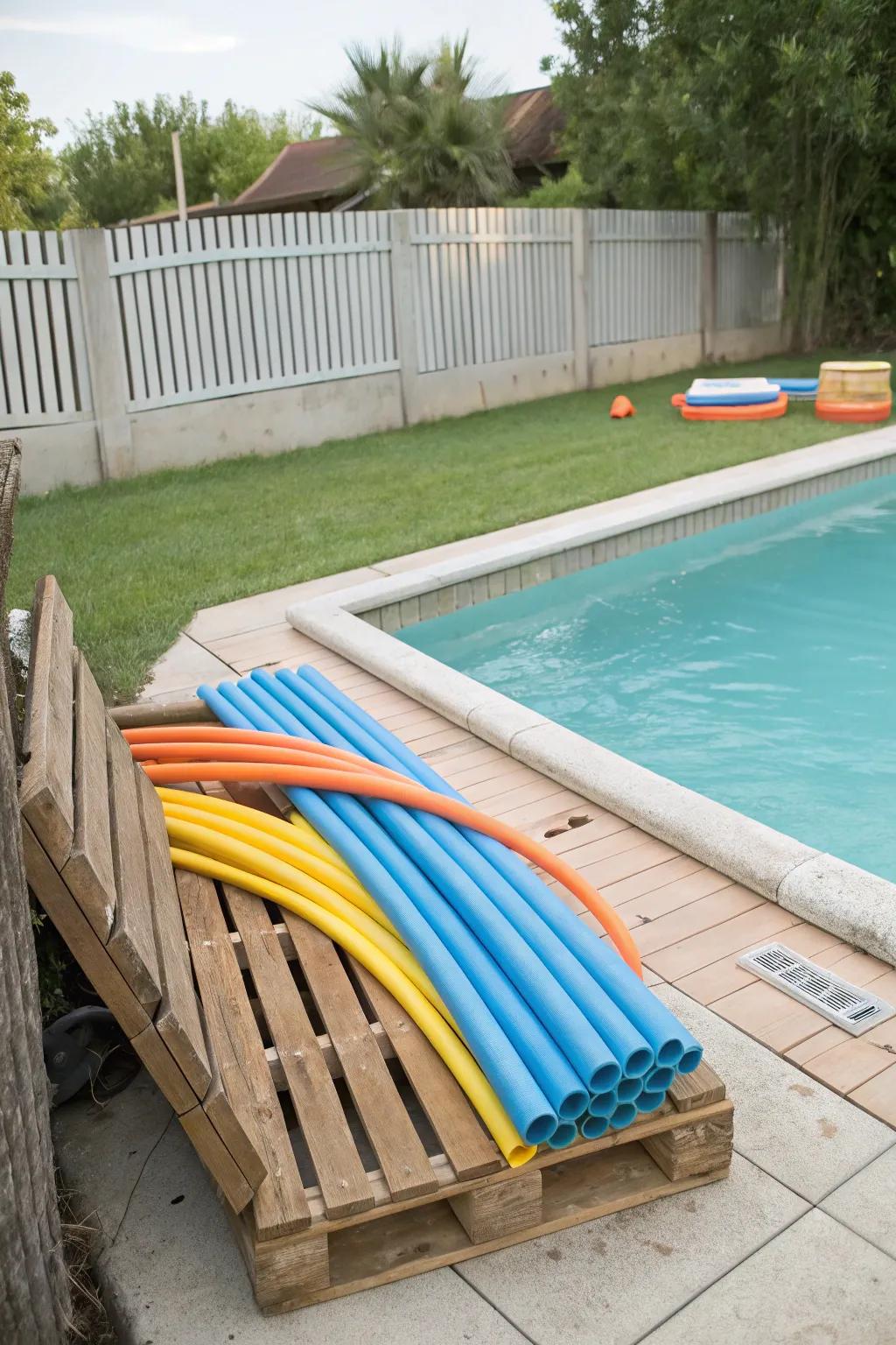 Eco-friendly pool noodle storage using a wooden pallet.