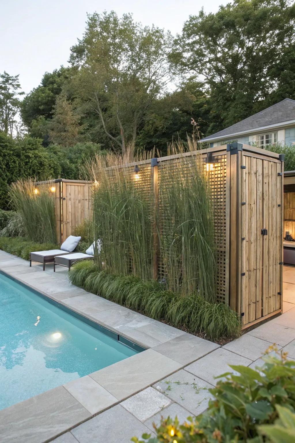 Natural greenery concealing pool storage solutions.