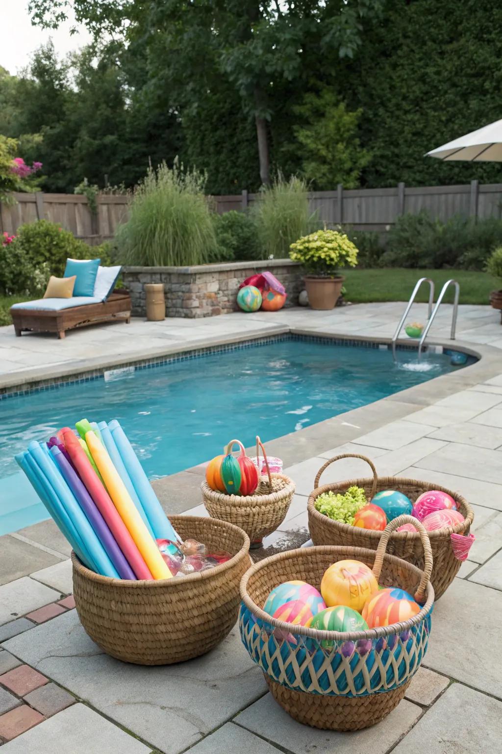 Decorative baskets filled with pool essentials.
