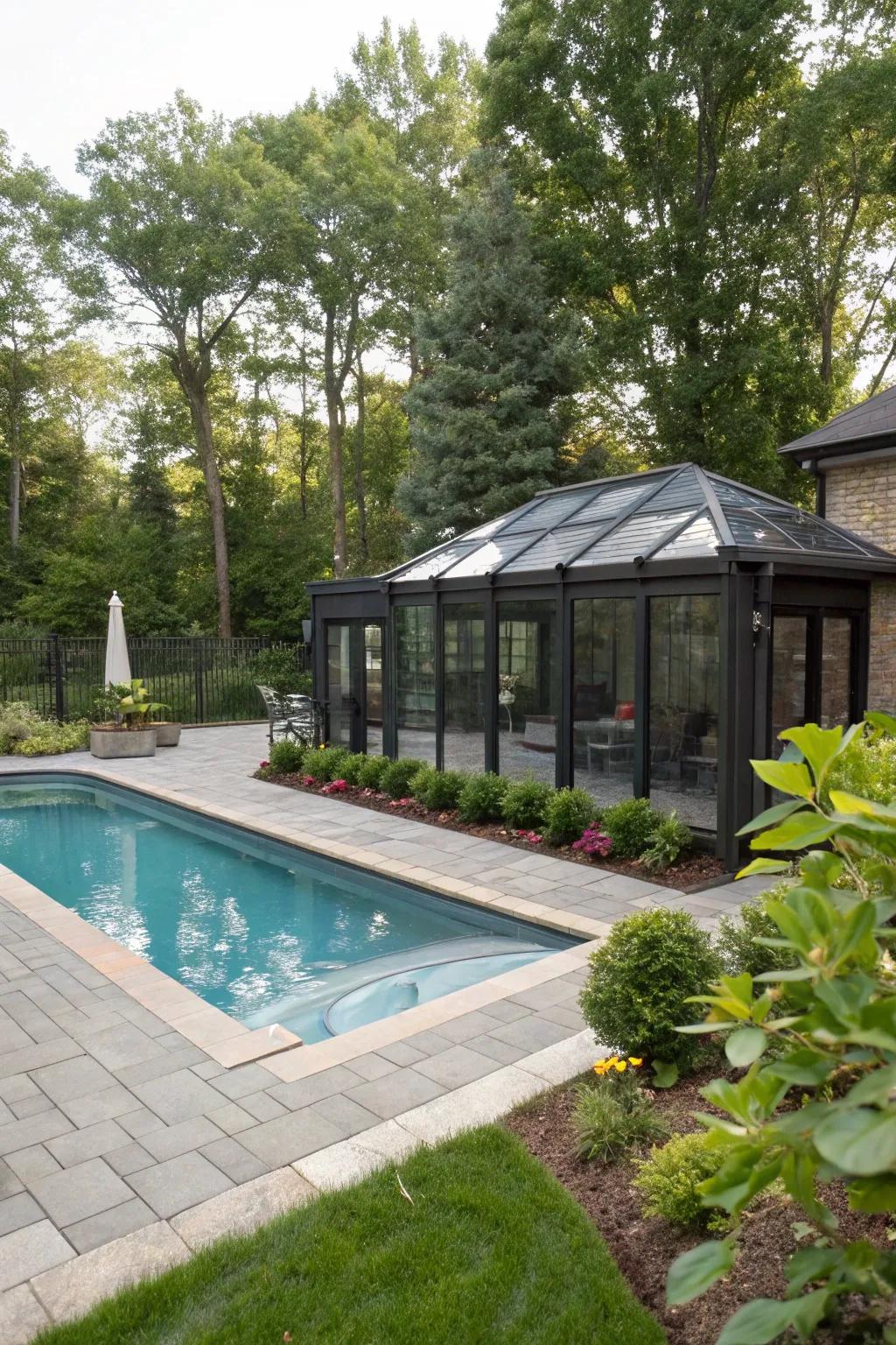 Camouflaged storage for unsightly pool equipment.