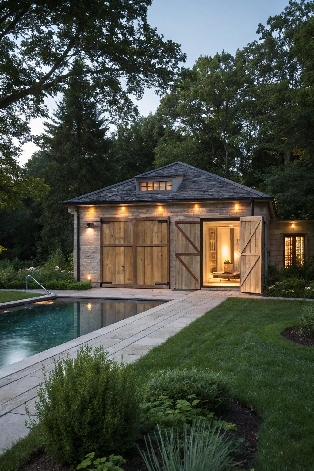 Hidden entrances create a secretive and intriguing poolside retreat.