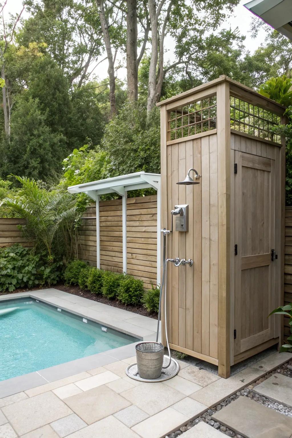 An outdoor shower offers a refreshing and practical poolside feature.
