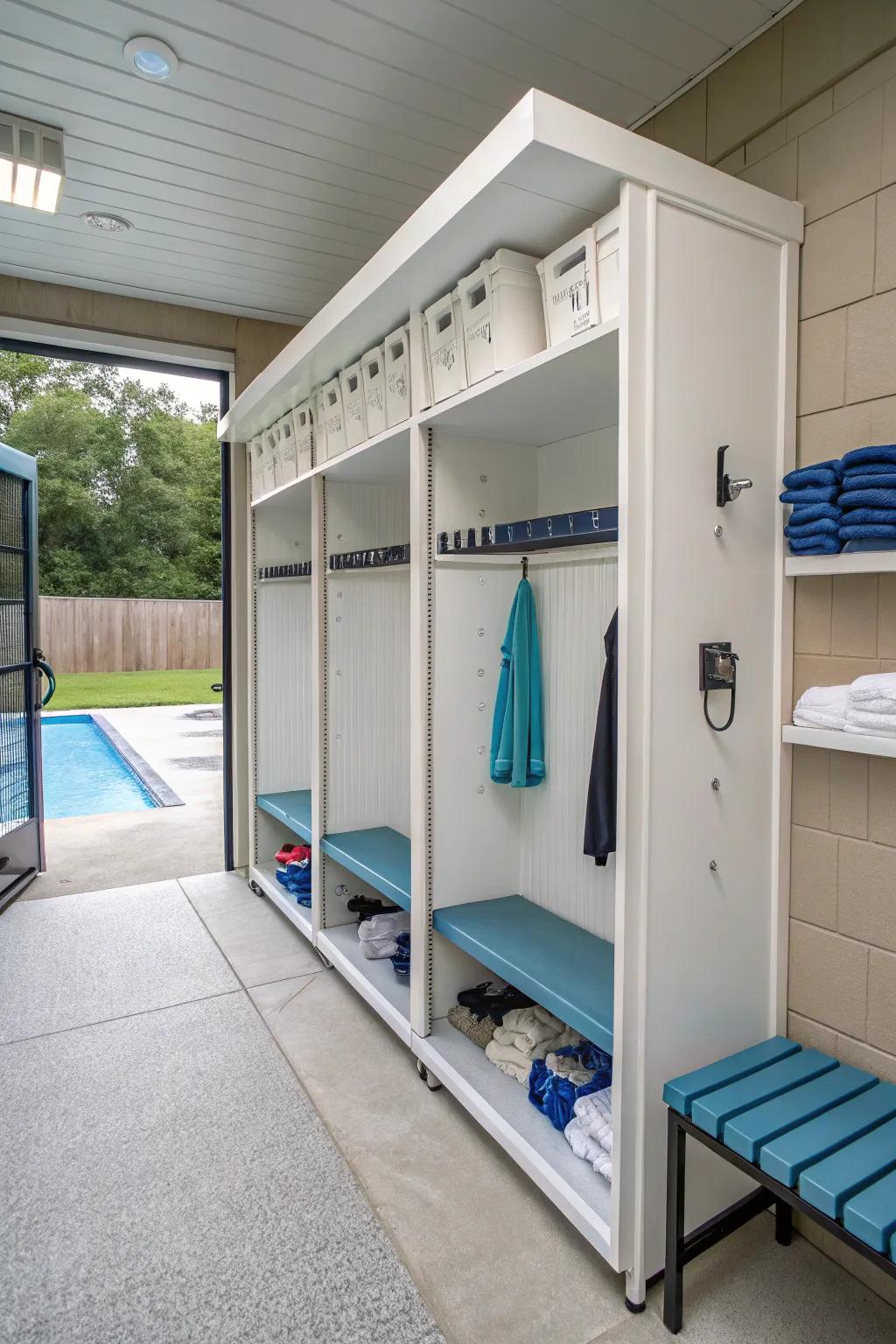 A multifunctional outhouse efficiently uses space for storage and privacy.