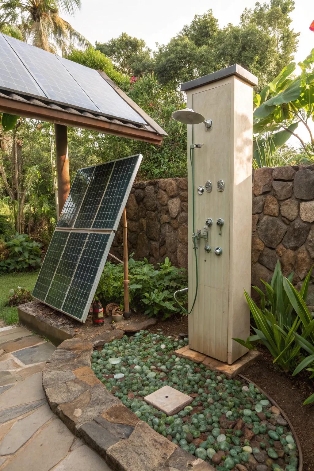 An eco-friendly outdoor shower featuring solar panels and recycled glass elements, combining sustainability with style.