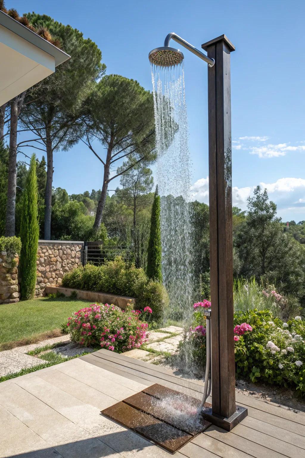 A freestanding outdoor shower featuring a waterfall effect, creating a captivating focal point.