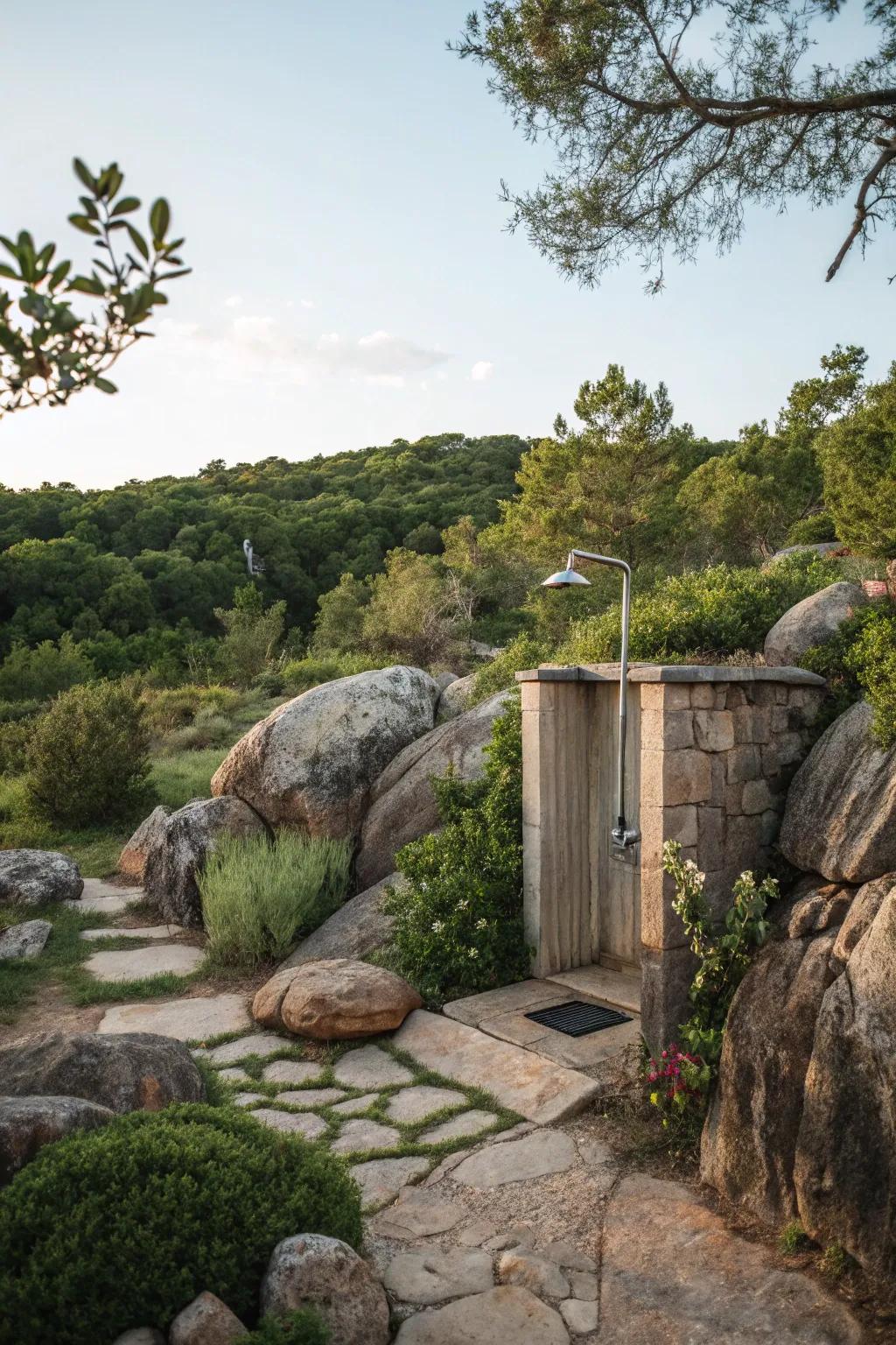 An outdoor shower nestled among boulders and shrubs, creating a natural and serene bathing nook.