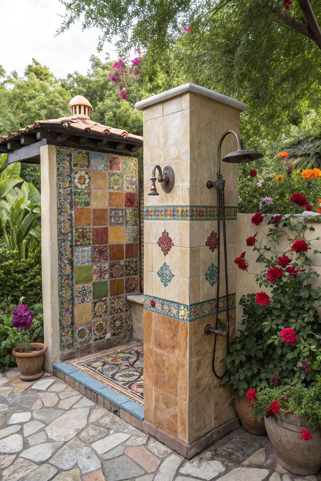 A bohemian outdoor shower adorned with colorful tiles and vintage fixtures, creating a whimsical and inviting space.