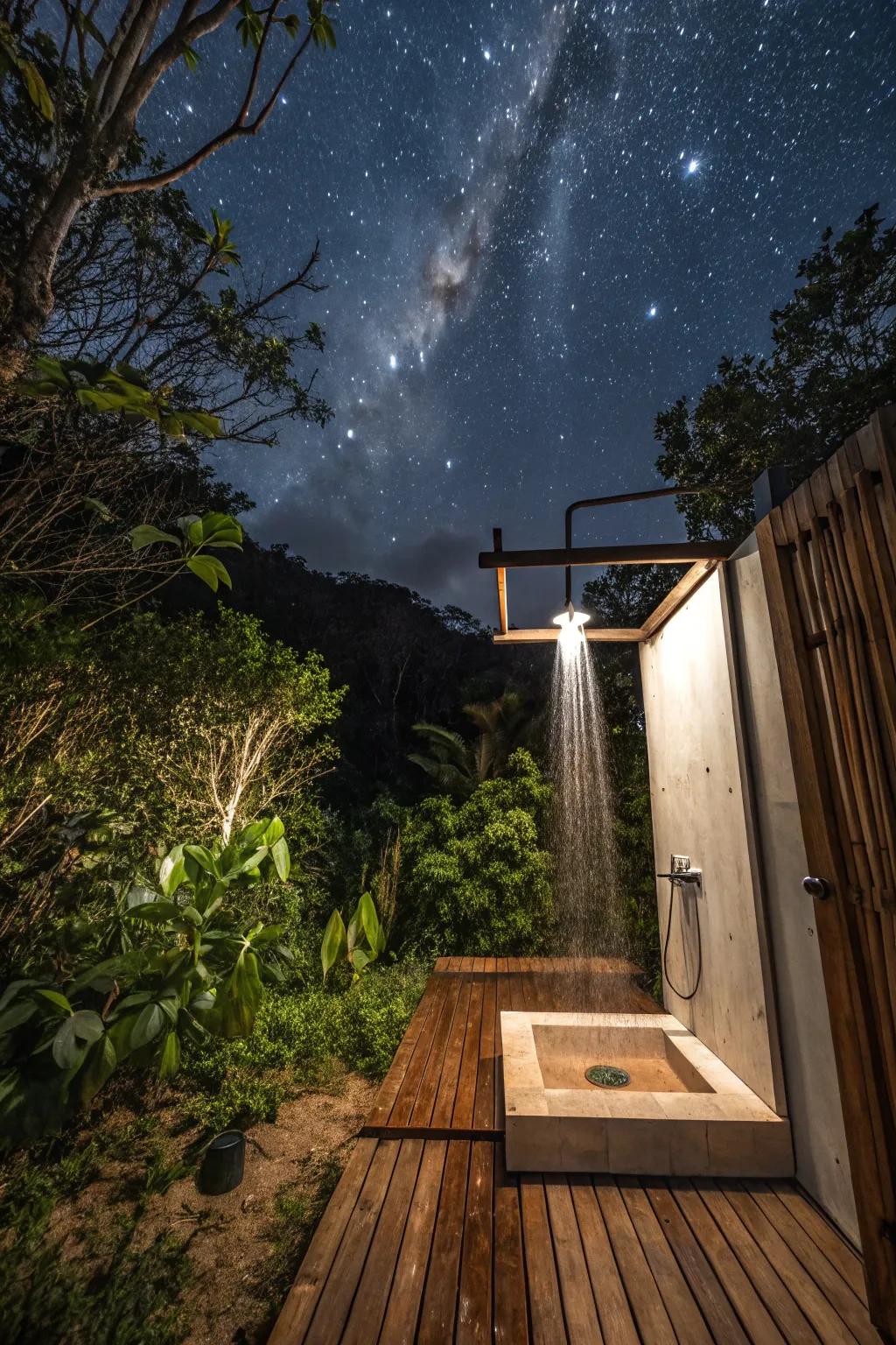 An open-air outdoor shower with no walls, offering a breathtaking view of the starry sky.