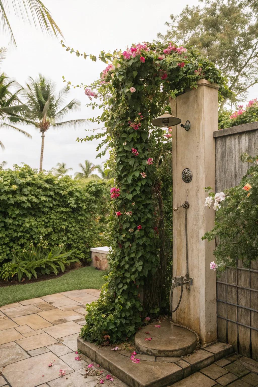 An outdoor shower nestled among climbing vines and flowering plants, creating a garden hideaway.