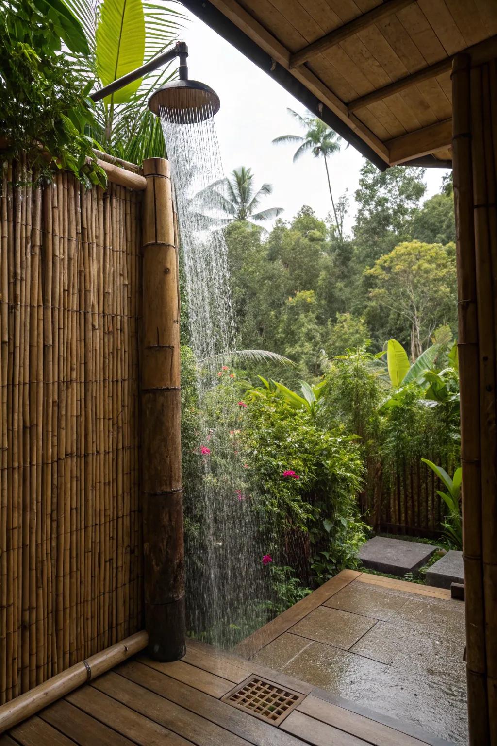 A tropical outdoor shower featuring bamboo walls and lush greenery, reminiscent of a rainforest retreat.