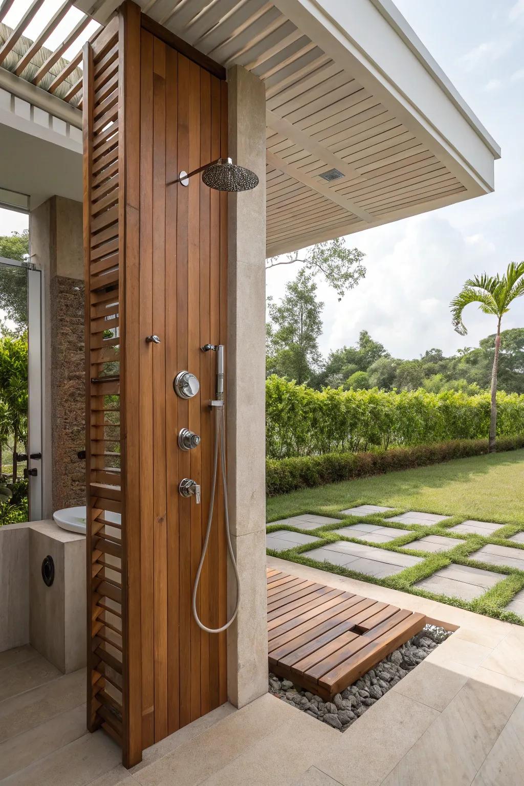 A luxury outdoor shower equipped with body jets and teak wood accents, providing a spa-like experience.