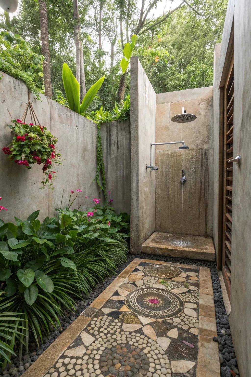 An outdoor shower featuring a stone mosaic floor and concrete walls, perfect for a serene spa-like experience.