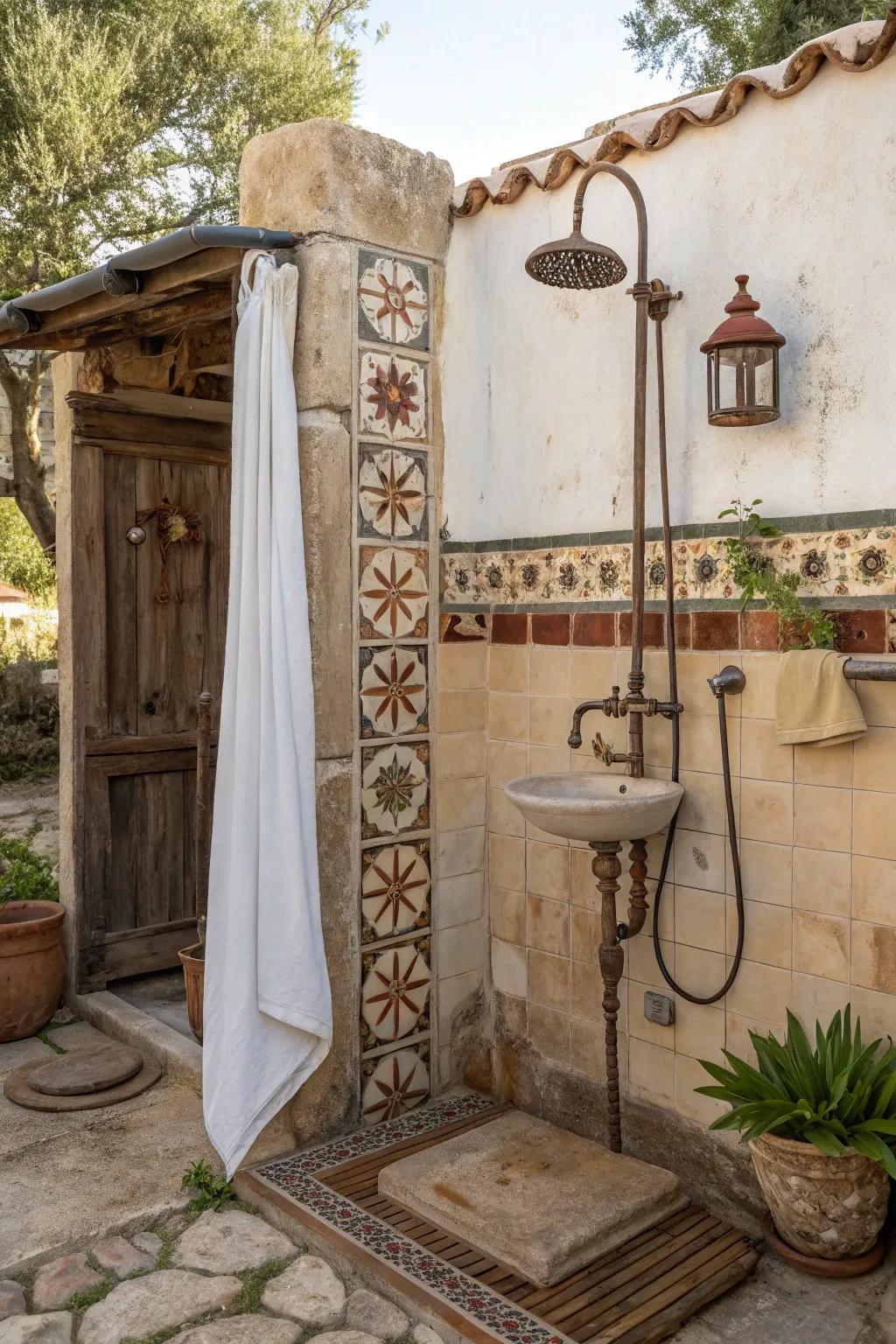A vintage outdoor shower featuring retro tiles and classic fixtures, evoking a sense of nostalgia and charm.