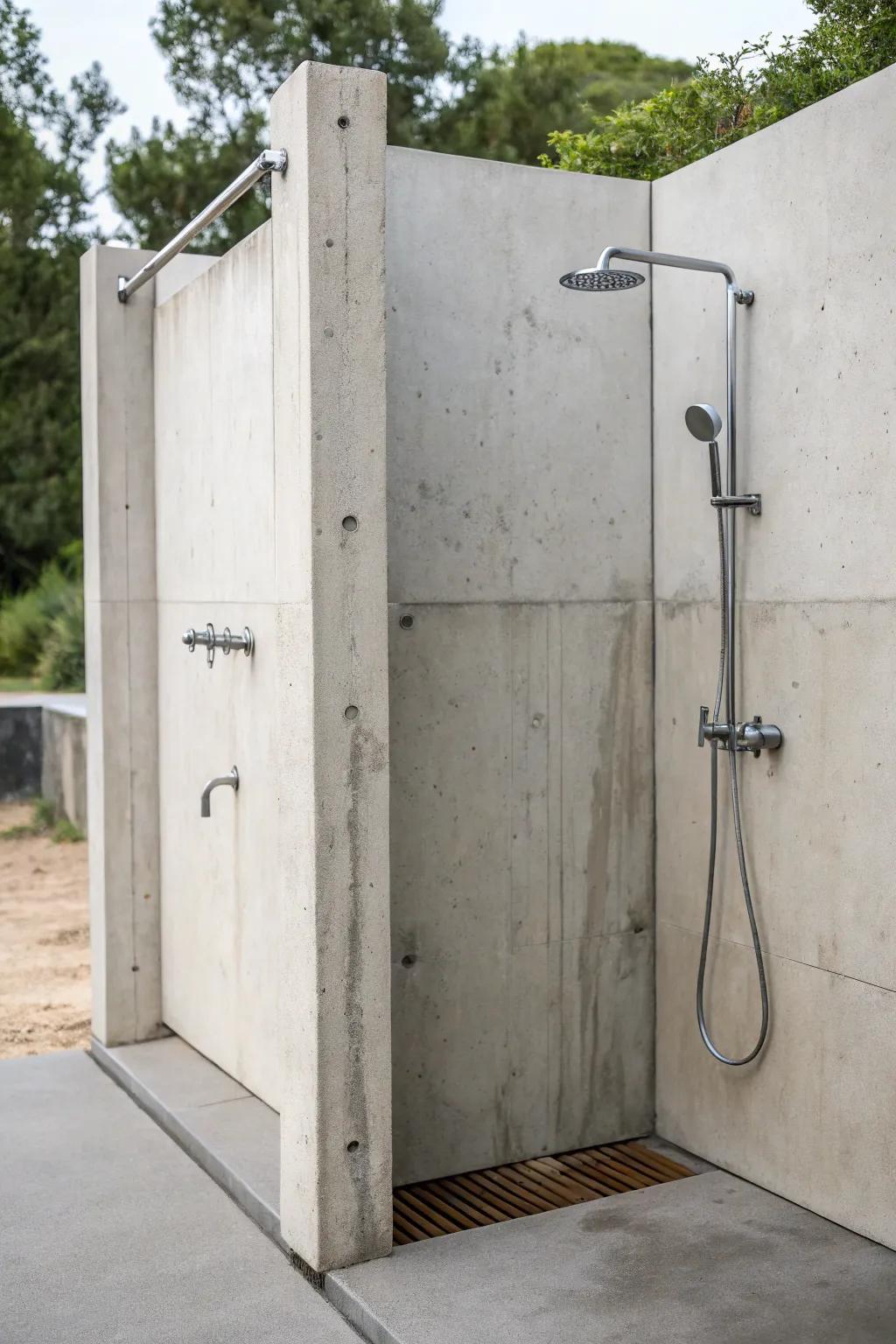 A minimalist outdoor shower with concrete walls and sleek stainless steel fixtures, perfect for a modern home.
