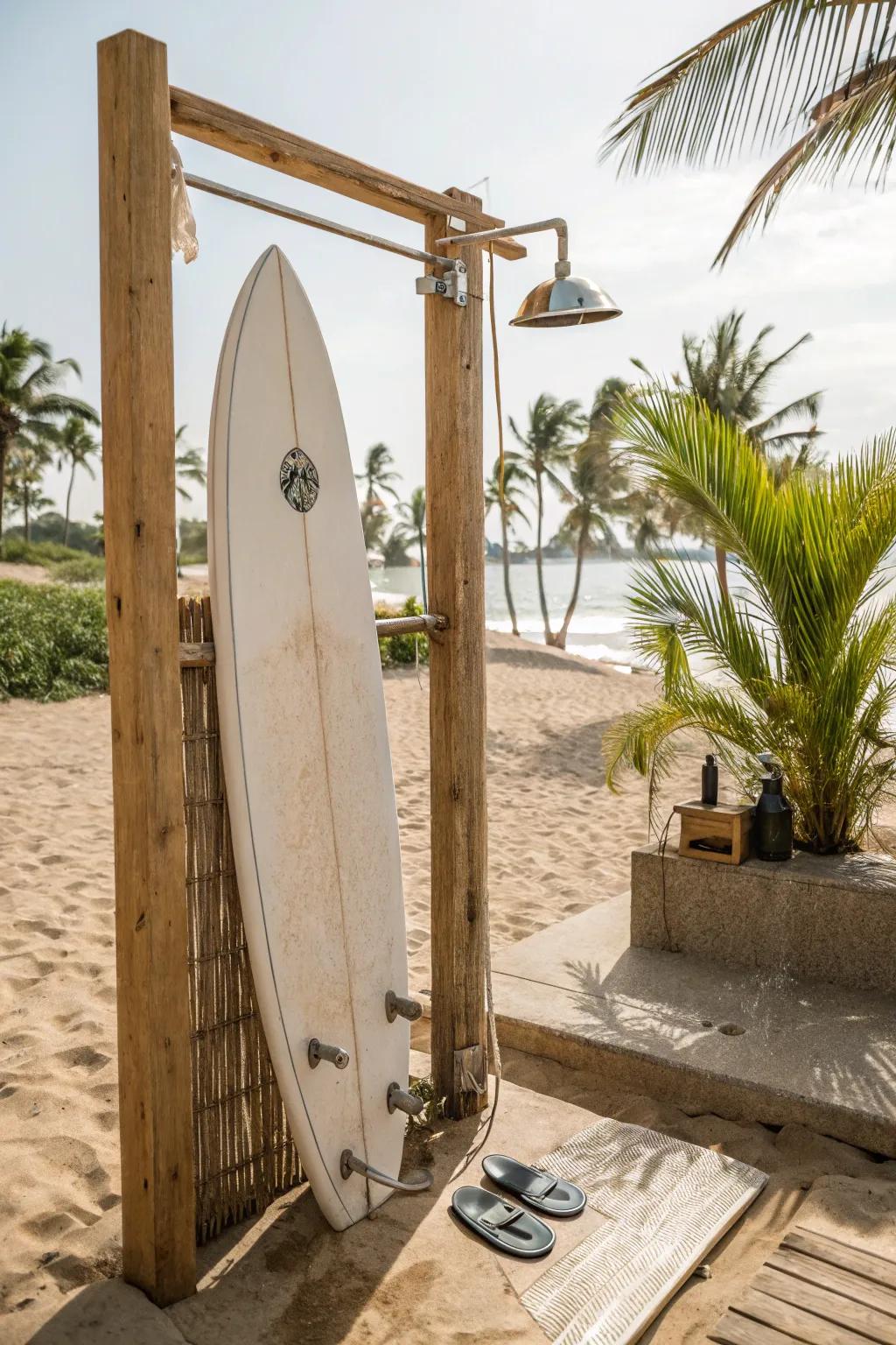 A beach-themed outdoor shower featuring a surfboard backdrop and a sandy floor, perfect for coastal vibes.