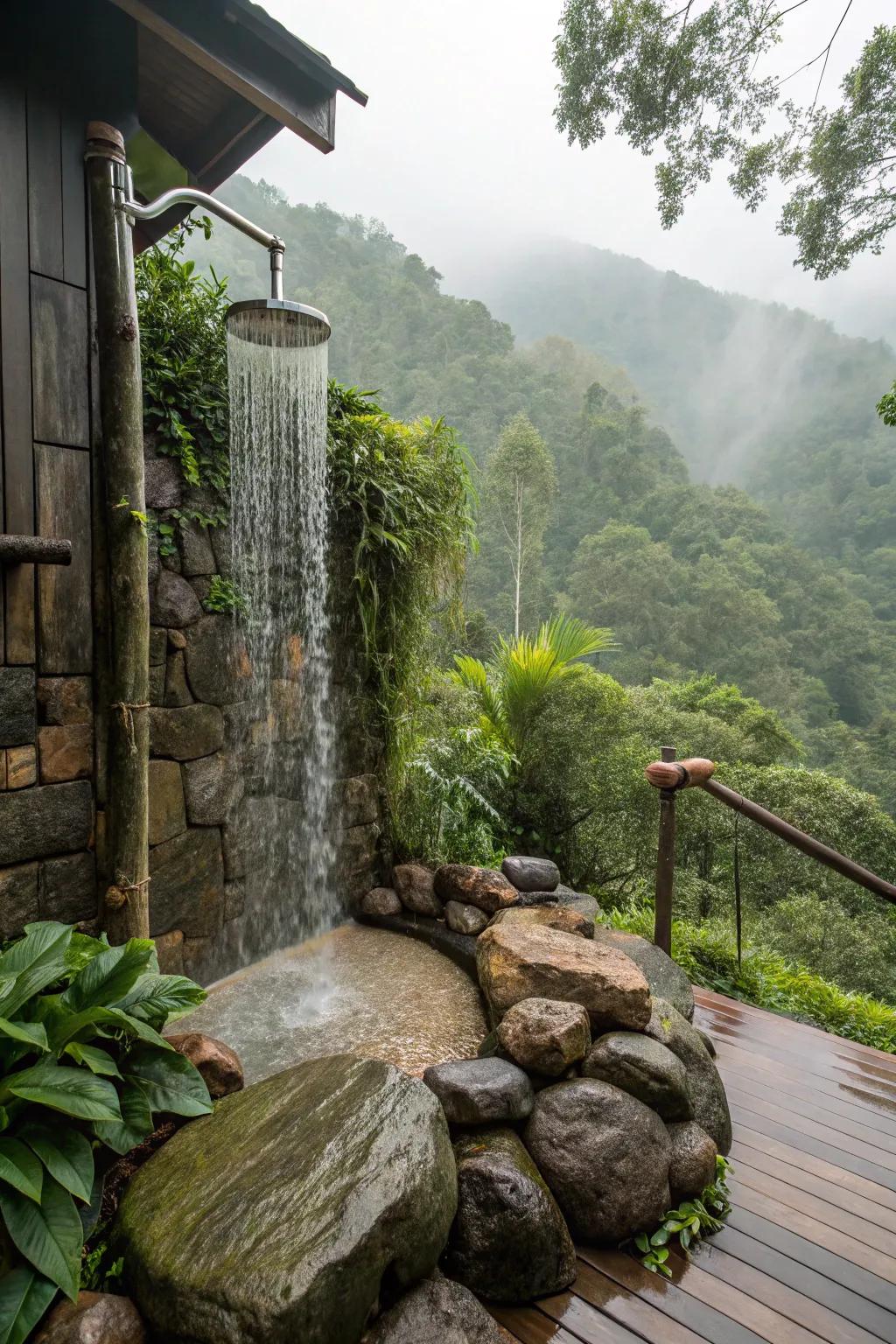 An outdoor shower featuring a cascading waterfall, providing a unique and refreshing water experience.