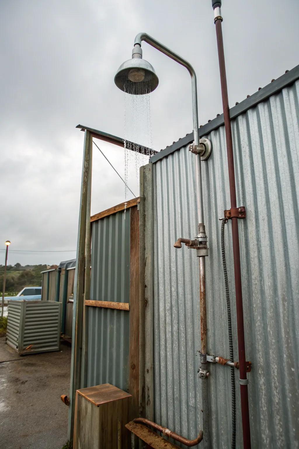 An industrial outdoor shower featuring corrugated metal and exposed plumbing, offering a raw and chic aesthetic.
