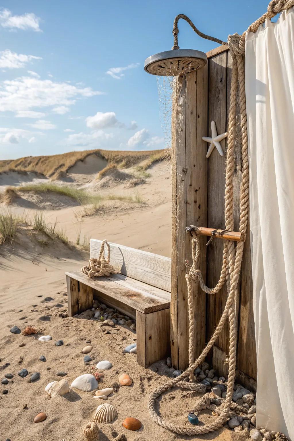 A coastal-themed outdoor shower featuring rope details and a driftwood bench, capturing a seaside ambiance.