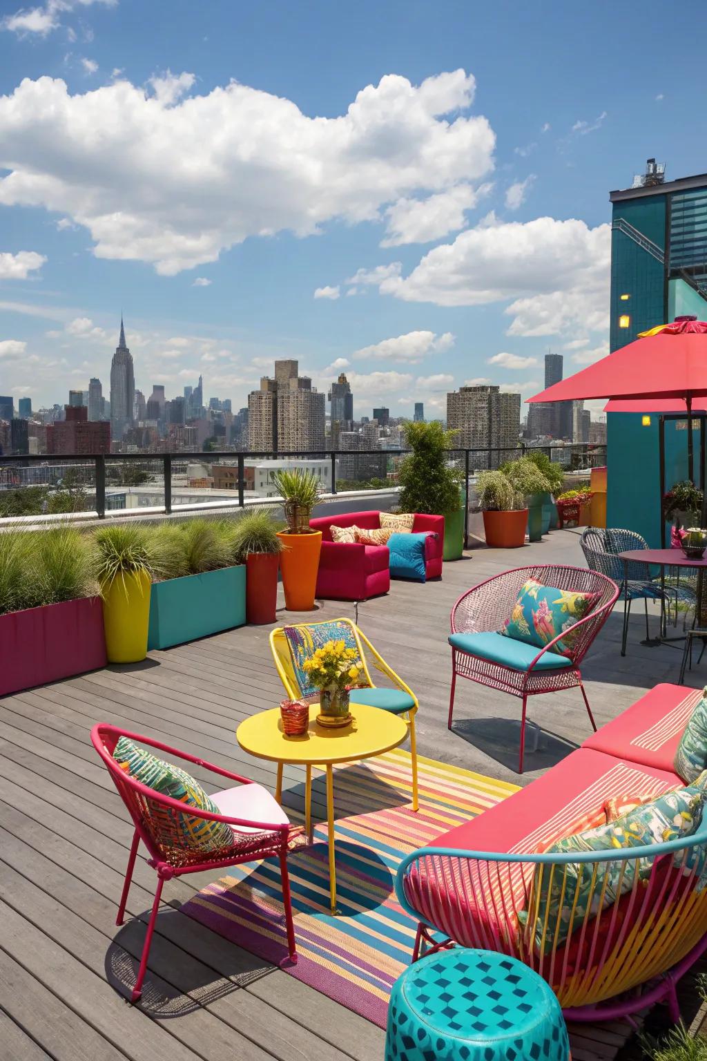 Bold colors make your rooftop a lively and inviting space.