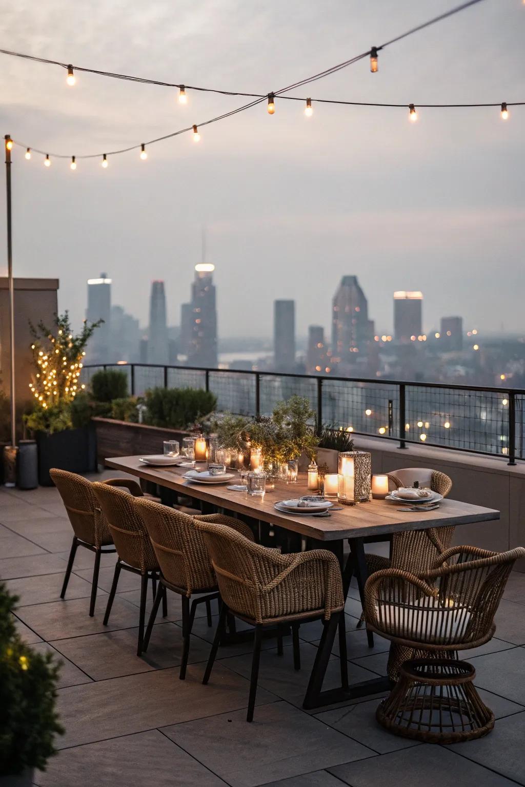 Dine under the stars with this inviting rooftop setup.