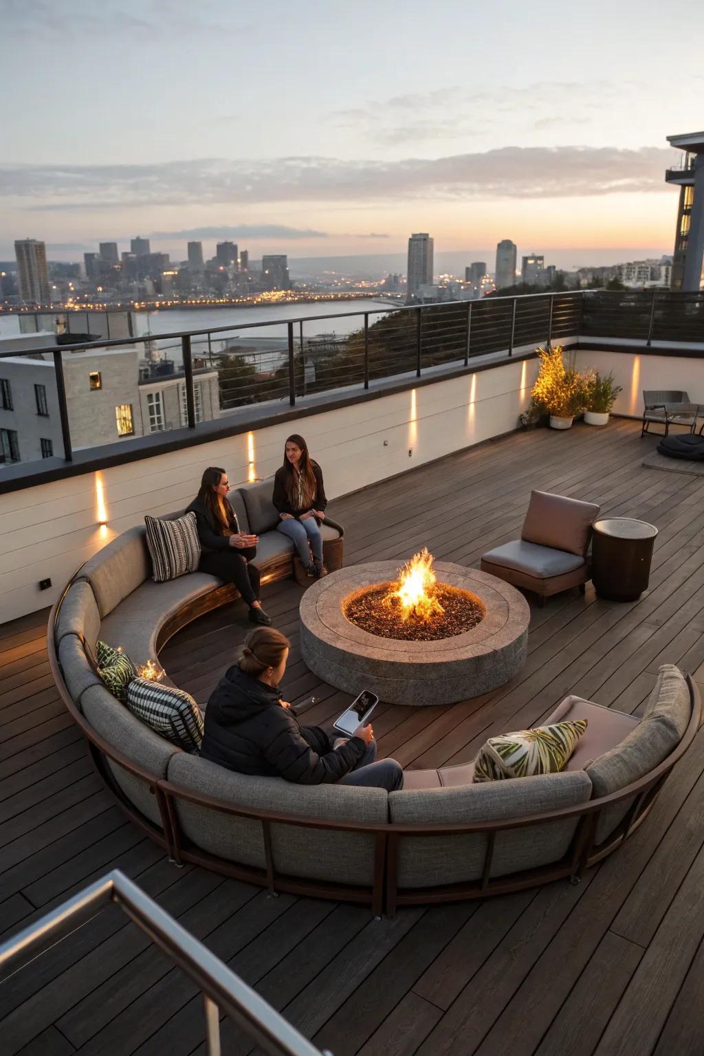 A fire pit adds warmth and charm to rooftop evenings.